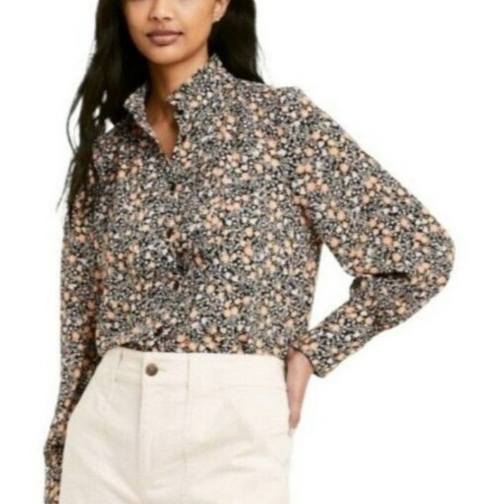 Nili Lotan X Target Long Sleeve Boho Floral Print Button Front Blouse